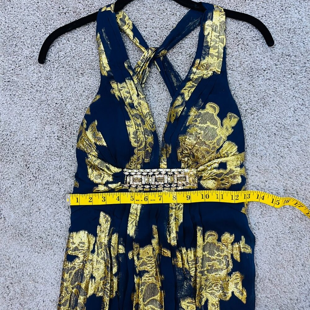 Xscape Silk Navy Blue and Gold Metallic Maxi Evening Gown - Picture 11 of 12